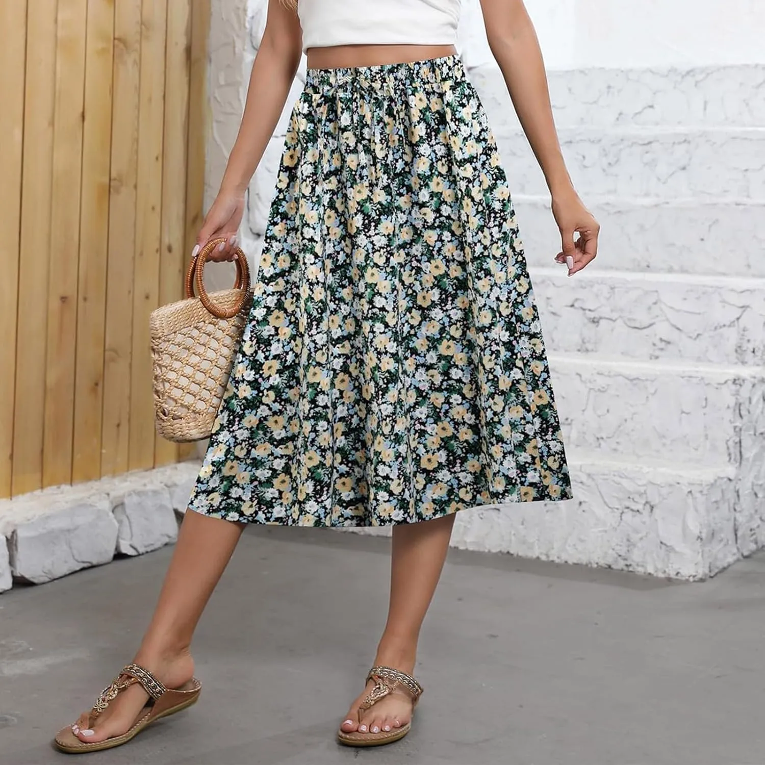 Women's Midi Boho Floral Skirts Trendy A Line Skirt Comfy Flowy Drawstring High Elastic Waist Skorts with Pockets