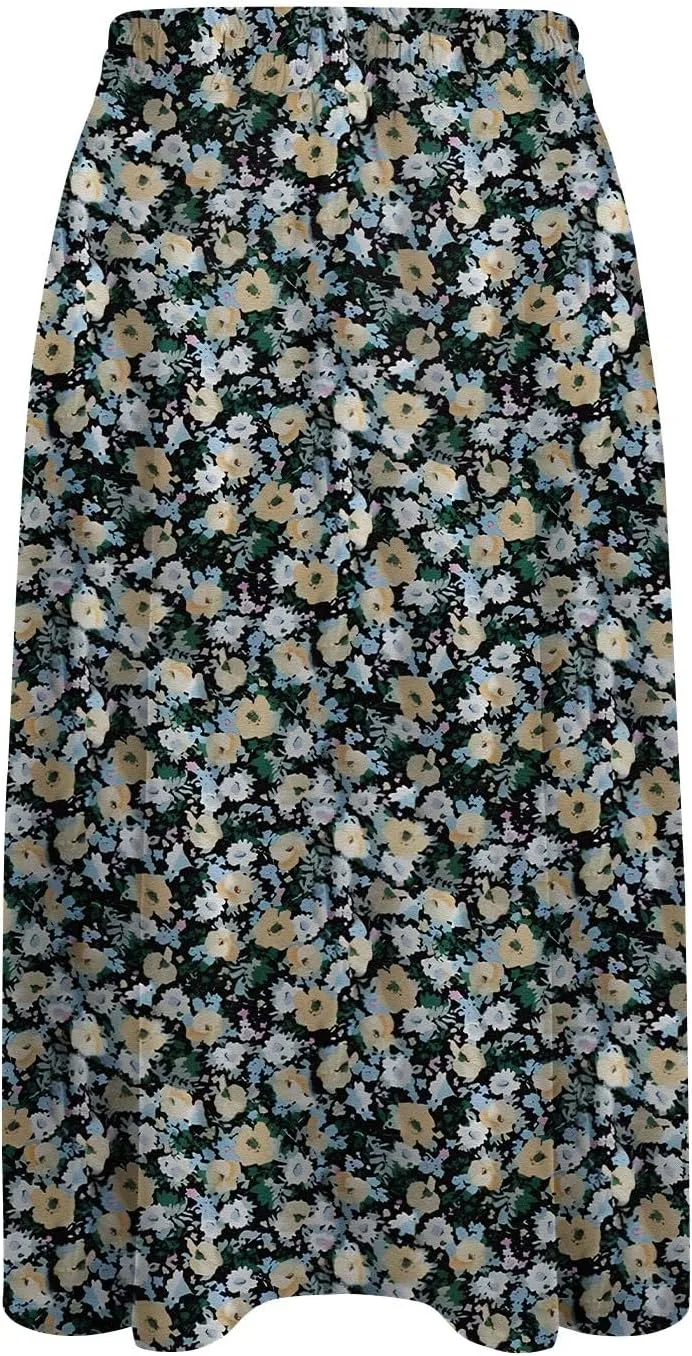 Women's Midi Boho Floral Skirts Trendy A Line Skirt Comfy Flowy Drawstring High Elastic Waist Skorts with Pockets