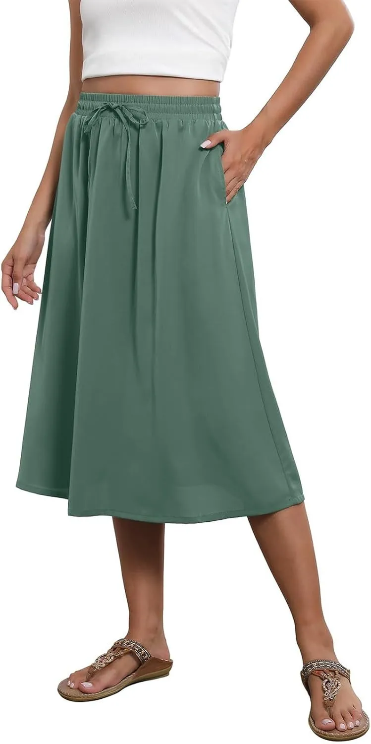 Women's Midi Boho Floral Skirts Trendy A Line Skirt Comfy Flowy Drawstring High Elastic Waist Skorts with Pockets