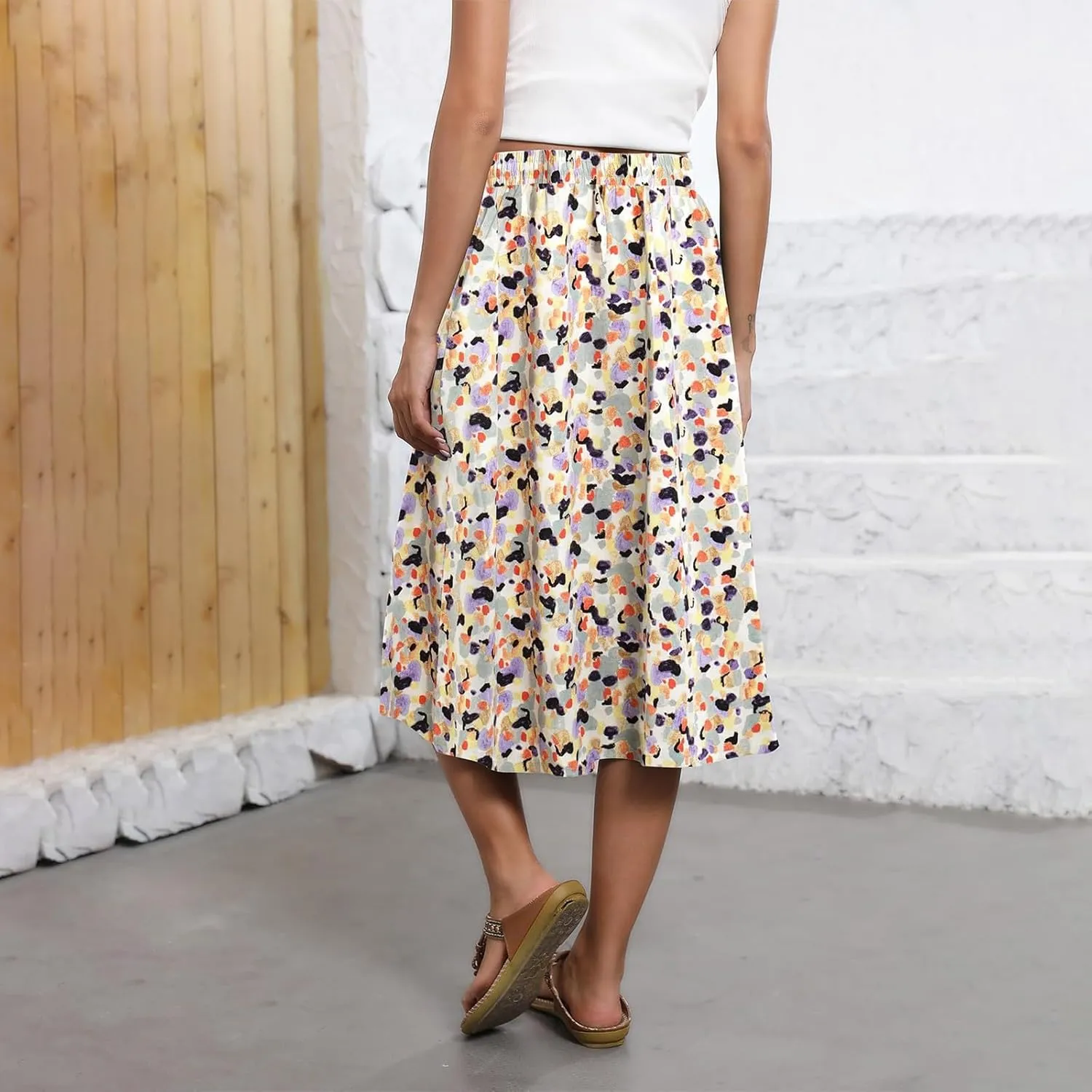 Women's Midi Boho Floral Skirts Trendy A Line Skirt Comfy Flowy Drawstring High Elastic Waist Skorts with Pockets