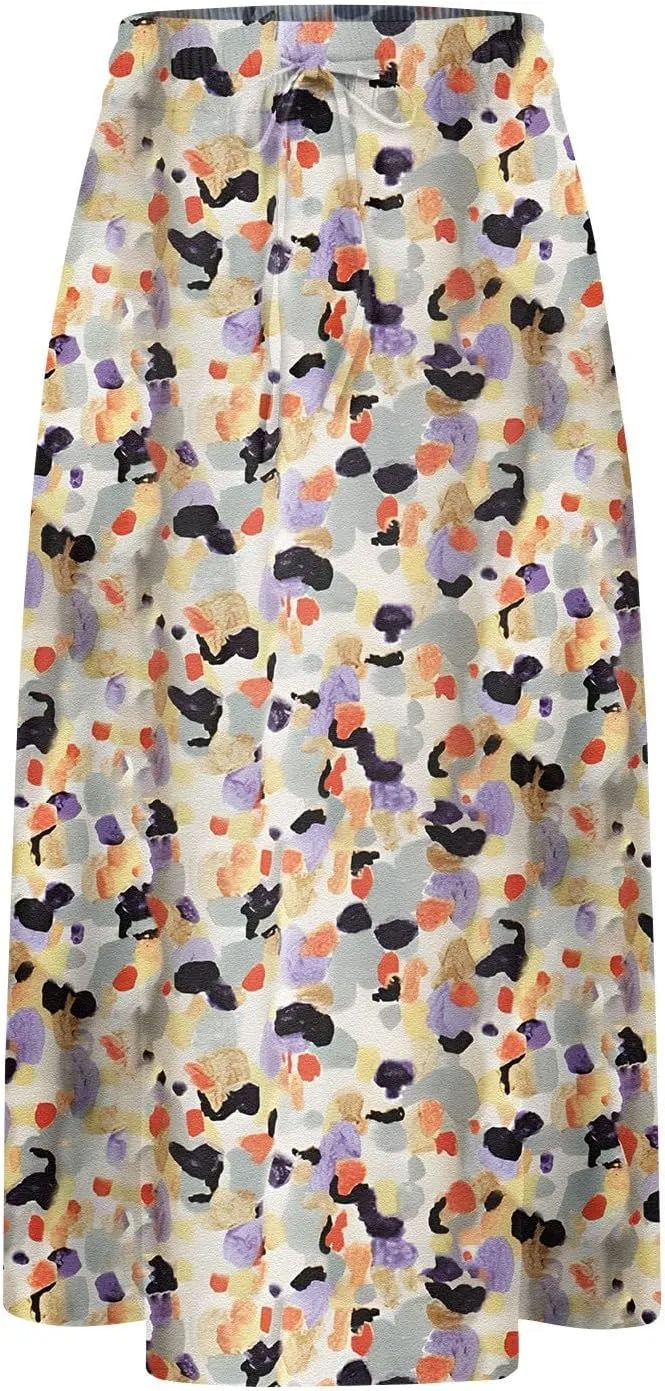 Women's Midi Boho Floral Skirts Trendy A Line Skirt Comfy Flowy Drawstring High Elastic Waist Skorts with Pockets