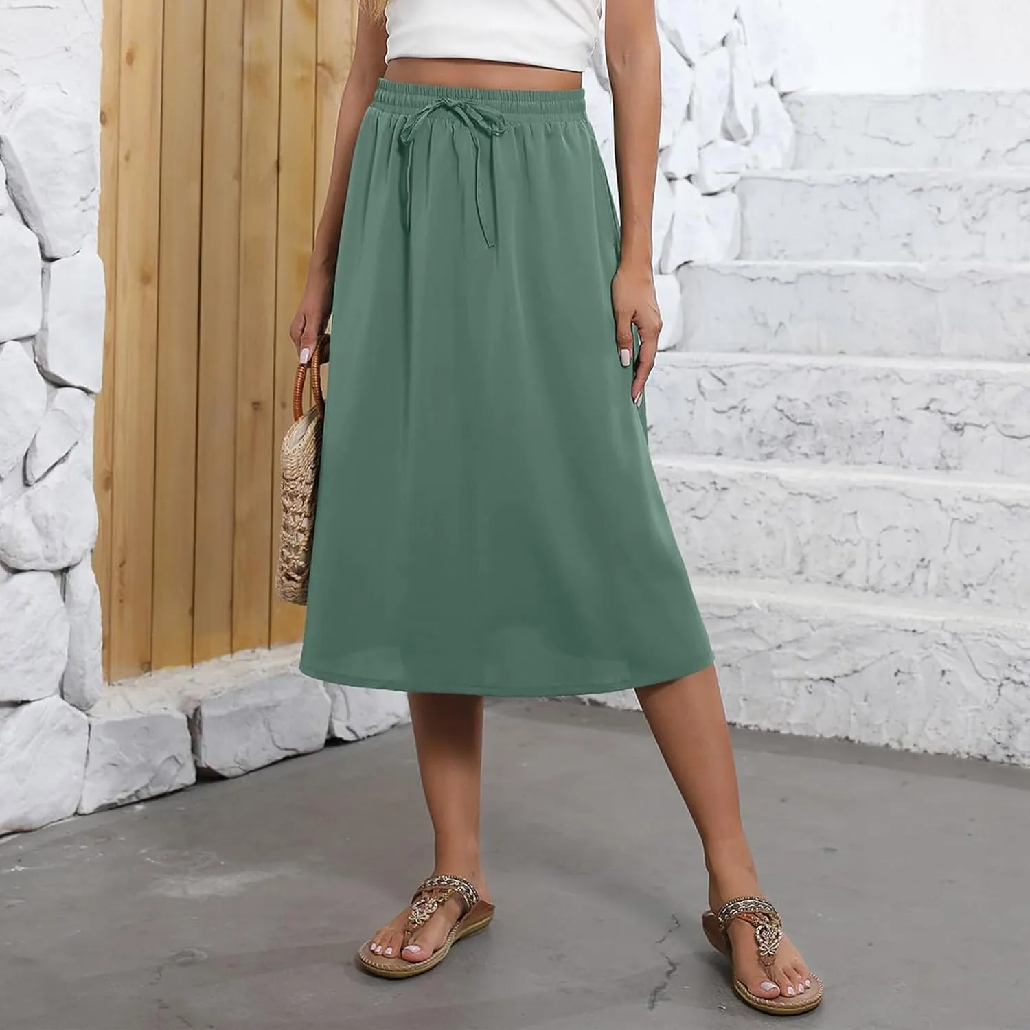 Women's Midi Boho Floral Skirts Trendy A Line Skirt Comfy Flowy Drawstring High Elastic Waist Skorts with Pockets