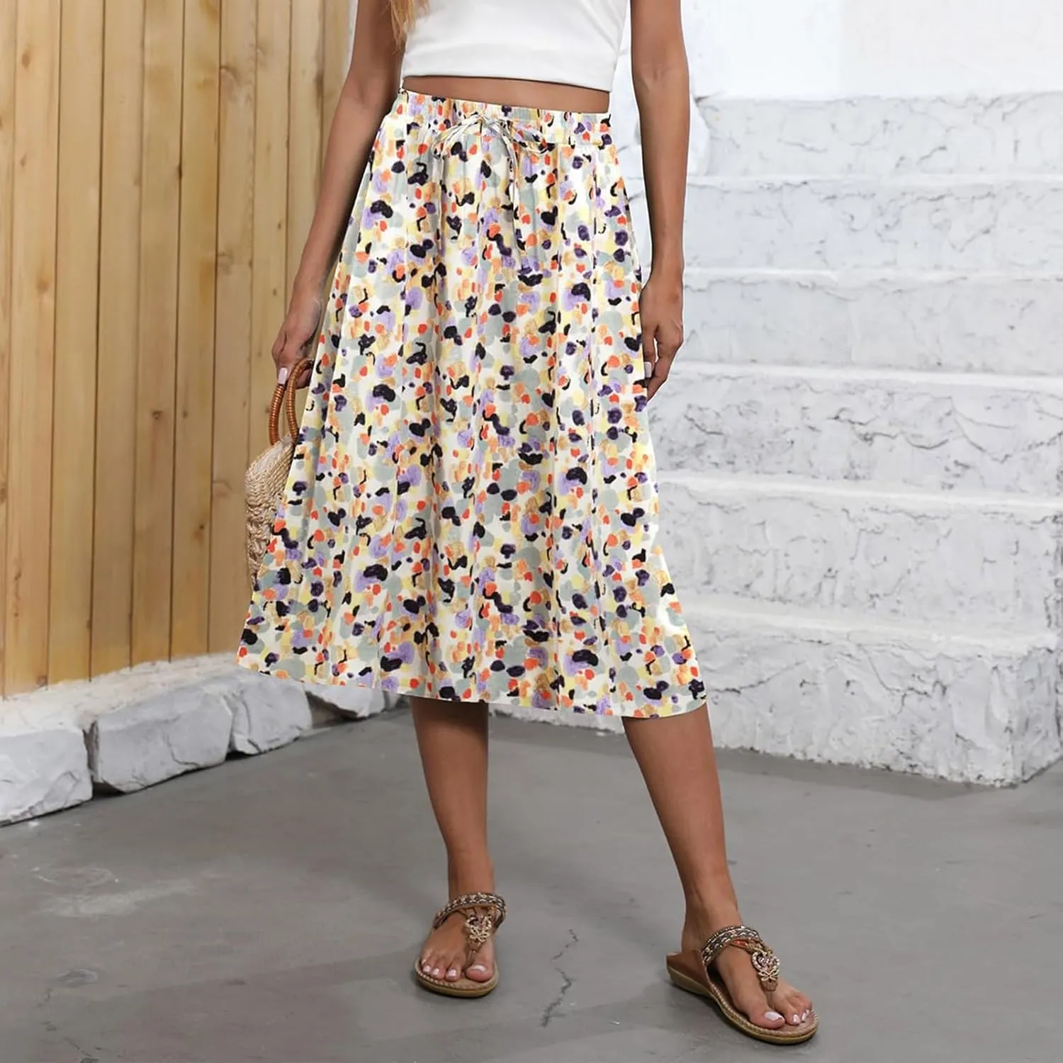 Women's Midi Boho Floral Skirts Trendy A Line Skirt Comfy Flowy Drawstring High Elastic Waist Skorts with Pockets