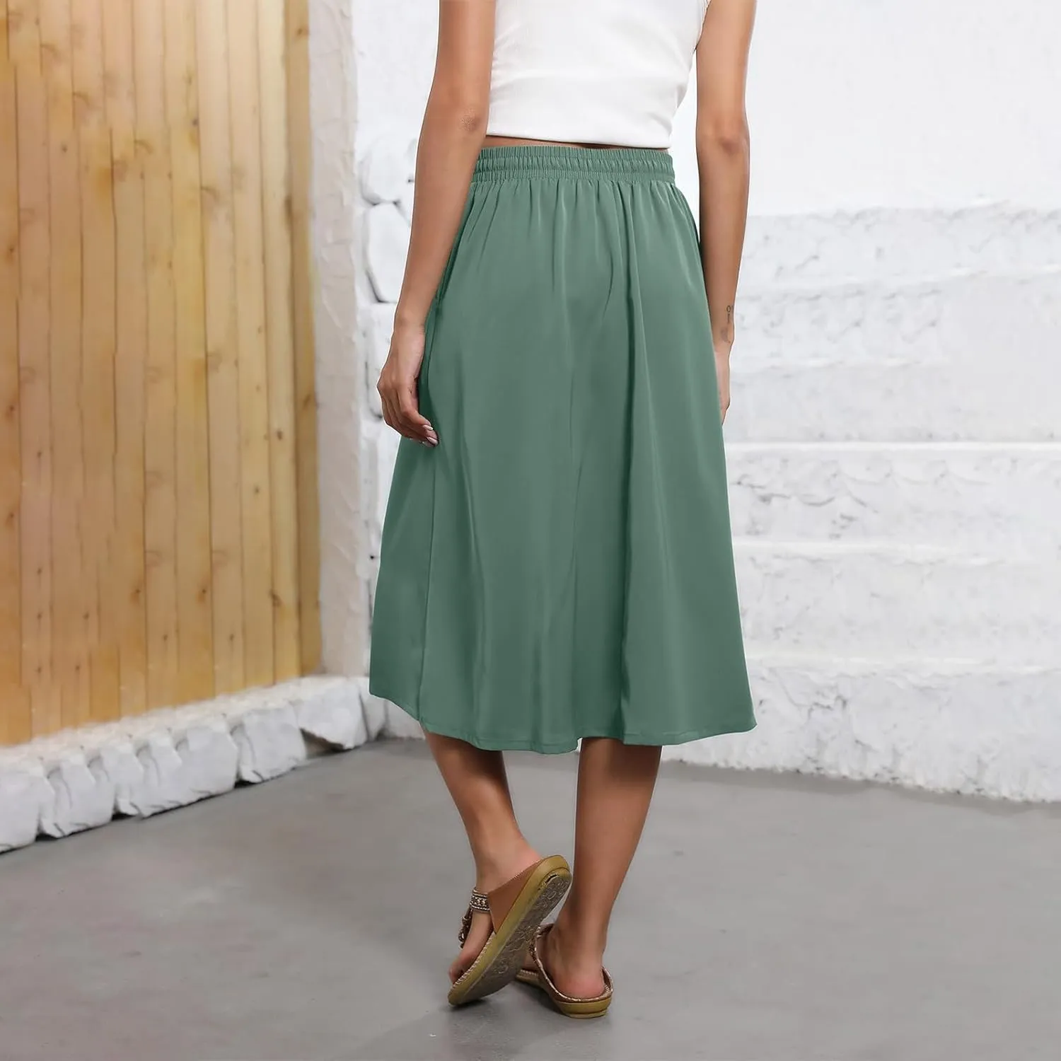Women's Midi Boho Floral Skirts Trendy A Line Skirt Comfy Flowy Drawstring High Elastic Waist Skorts with Pockets