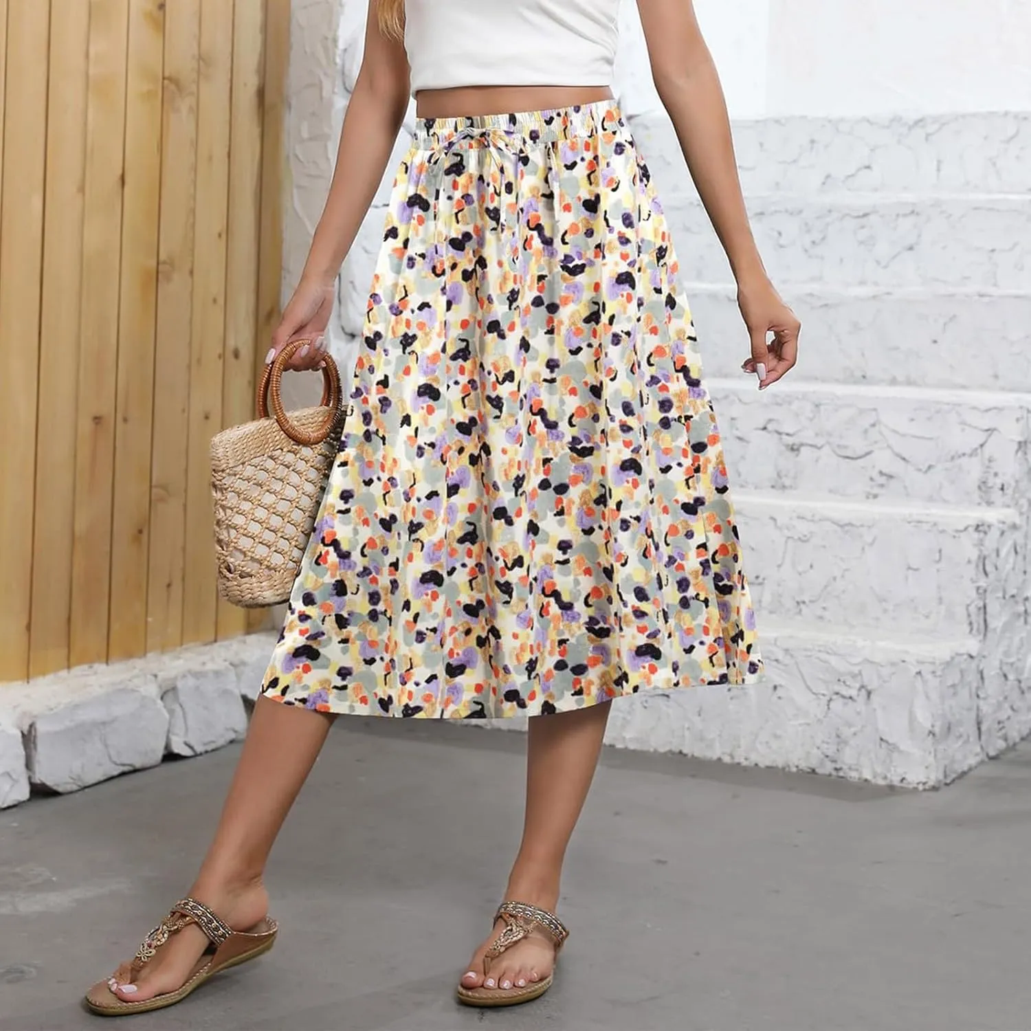 Women's Midi Boho Floral Skirts Trendy A Line Skirt Comfy Flowy Drawstring High Elastic Waist Skorts with Pockets