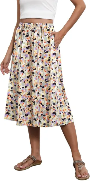 Women's Midi Boho Floral Skirts Trendy A Line Skirt Comfy Flowy Drawstring High Elastic Waist Skorts with Pockets