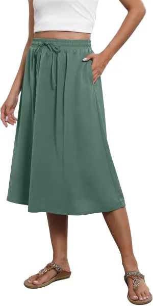 Women's Midi Boho Floral Skirts Trendy A Line Skirt Comfy Flowy Drawstring High Elastic Waist Skorts with Pockets