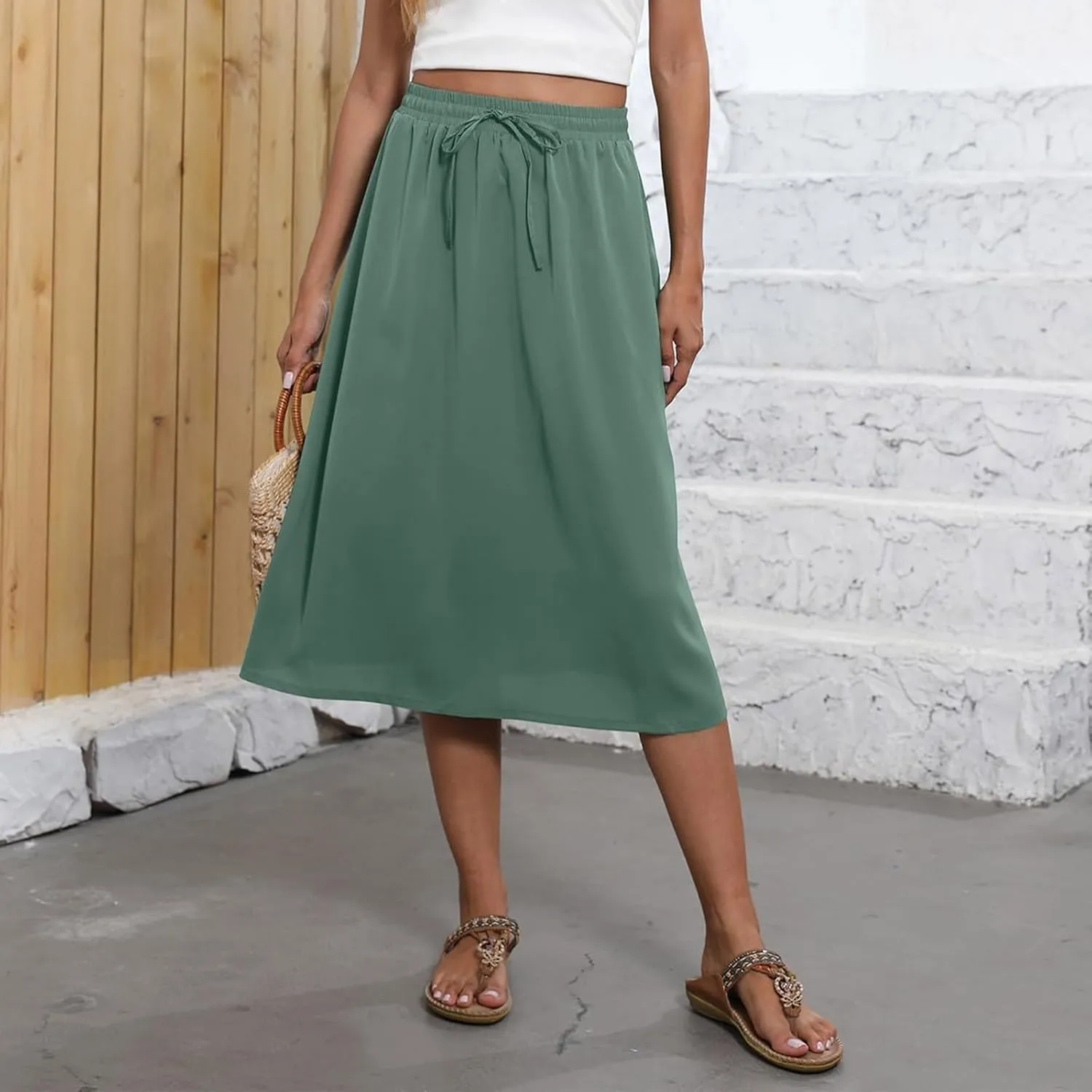 Women's Midi Boho Floral Skirts Trendy A Line Skirt Comfy Flowy Drawstring High Elastic Waist Skorts with Pockets