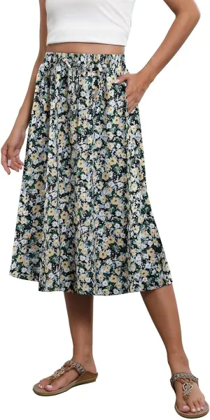 Women's Midi Boho Floral Skirts Trendy A Line Skirt Drawstring High Elastic Waist Comfy Flowy Skorts with Pockets