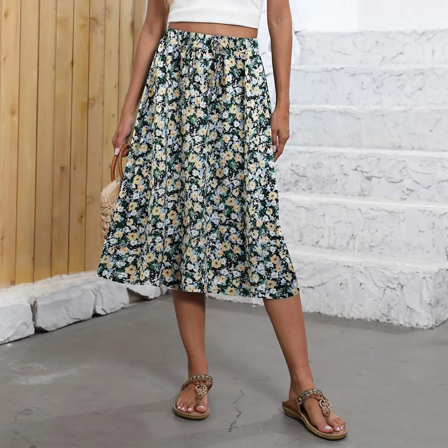 Women's Midi Boho Floral Skirts Trendy A Line Skirt Drawstring High Elastic Waist Comfy Flowy Skorts with Pockets