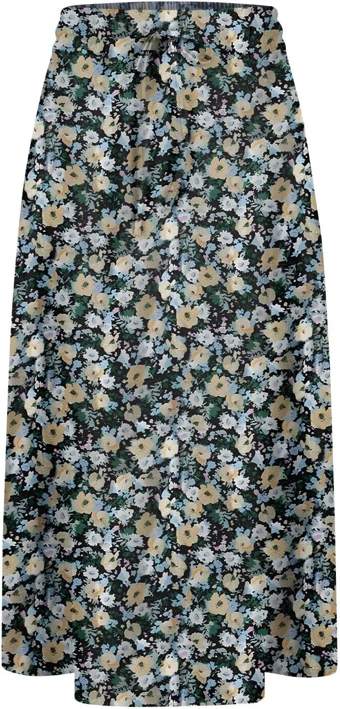 Women's Midi Boho Floral Skirts Trendy A Line Skirt Drawstring High Elastic Waist Comfy Flowy Skorts with Pockets