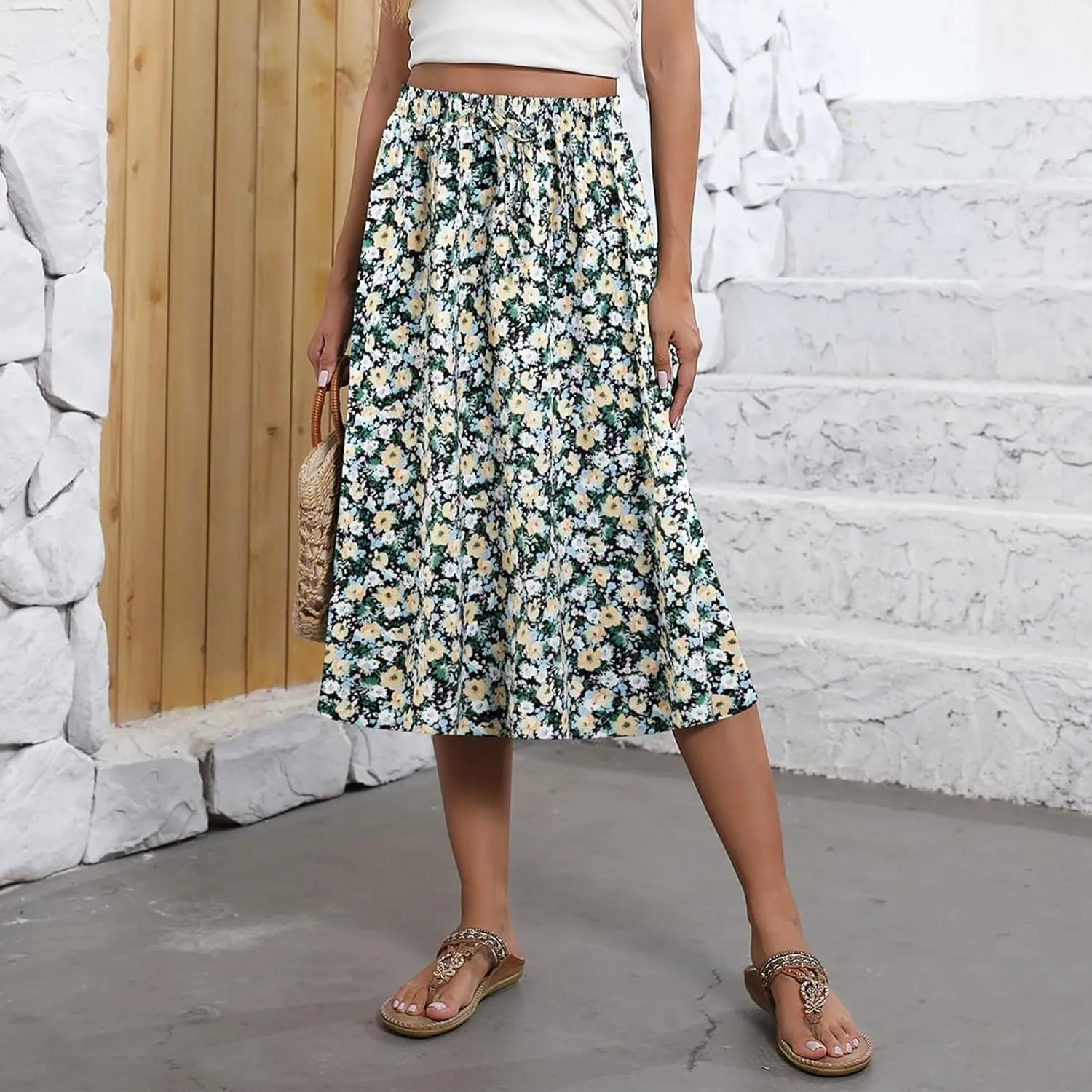 Women's Midi Boho Floral Skirts Trendy A Line Skirt Drawstring High Elastic Waist Comfy Flowy Skorts with Pockets