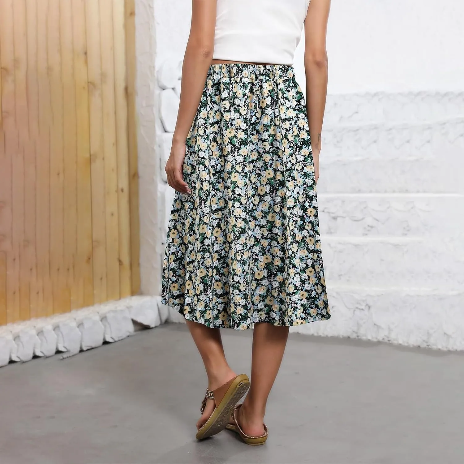 Women's Midi Boho Floral Skirts Trendy A Line Skirt Drawstring High Elastic Waist Comfy Flowy Skorts with Pockets
