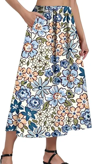 Women's Midi Boho Floral Skirts Trendy A Line Skirt High Elastic Waist Comfy Flowy Skorts with Pockets