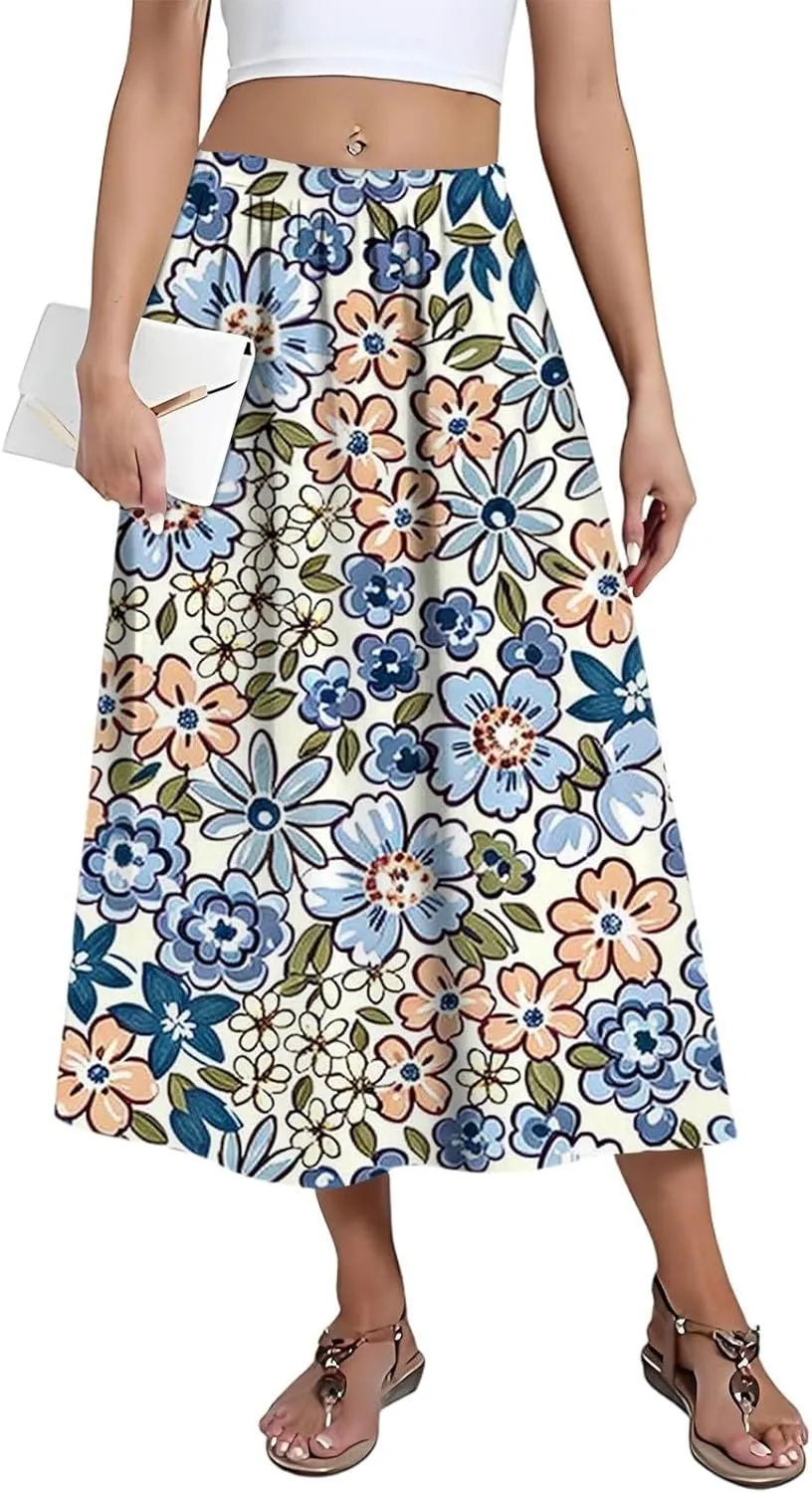 Women's Midi Boho Floral Skirts Trendy A Line Skirt High Elastic Waist Comfy Flowy Skorts with Pockets