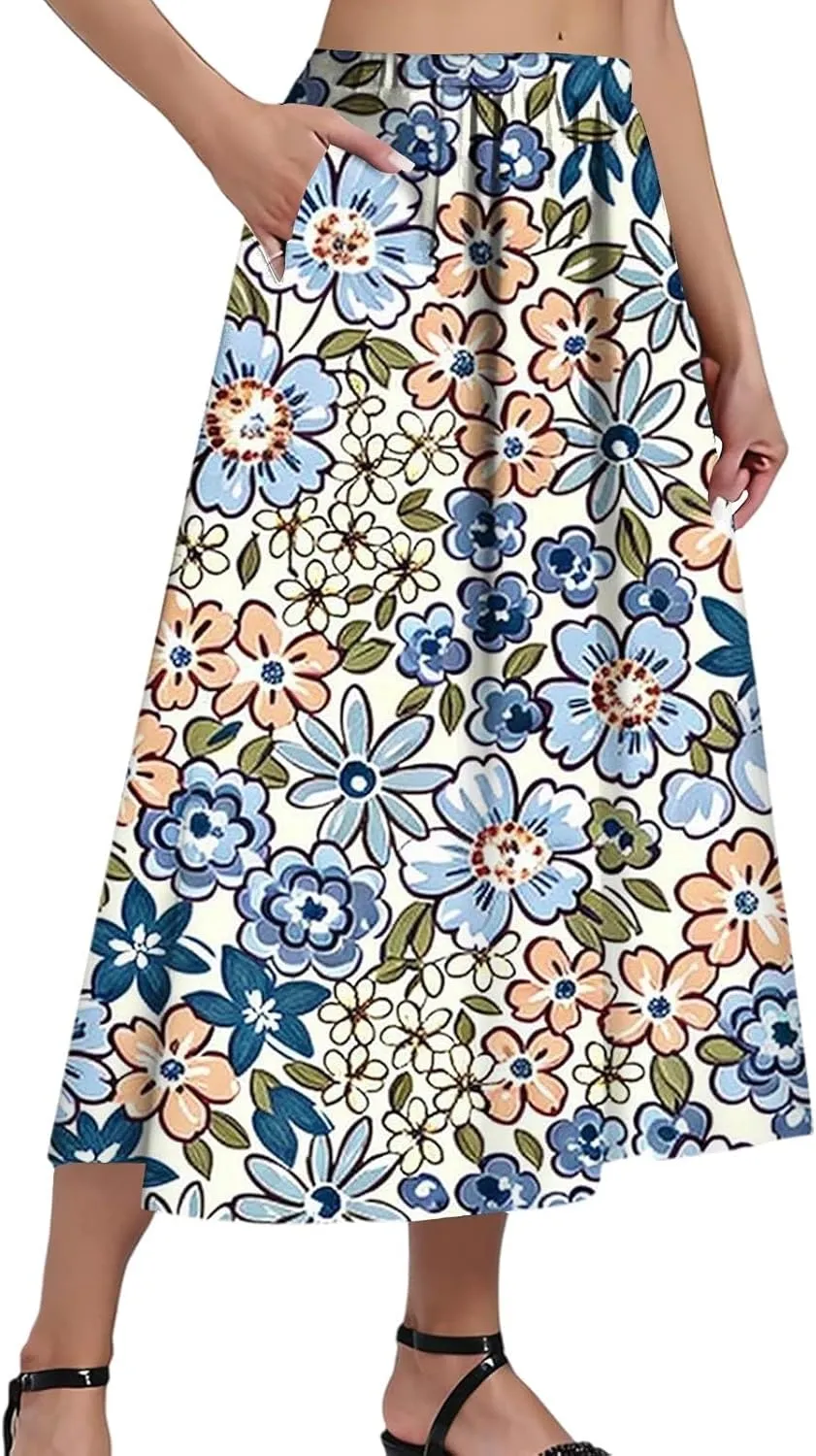 Women's Midi Boho Floral Skirts Trendy A Line Skirt High Elastic Waist Comfy Flowy Skorts with Pockets