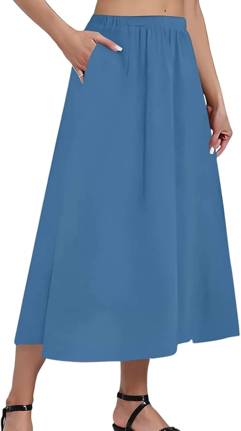 Women's Midi Boho Floral Skirts Trendy High Elastic Waist Comfy Flowy A Line Skirt Skorts with Pockets