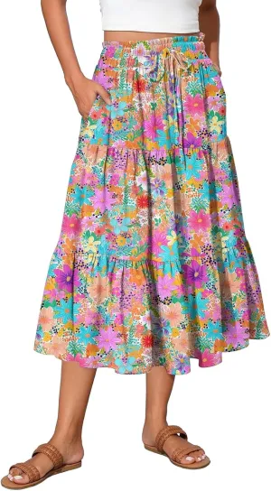 Women's Midi Boho Floral Tiered Skirts Trendy Comfy Flowy Drawstring High Elastic Waist Aline Skirt Skorts with Pockets