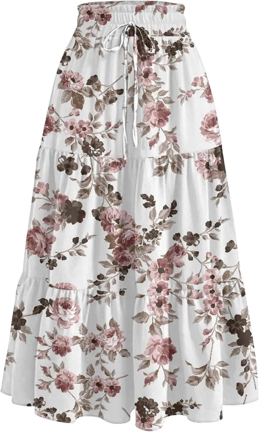 Women's Midi Boho Floral Tiered Skirts Trendy Comfy Flowy Drawstring High Elastic Waist Aline Skirt Skorts with Pockets