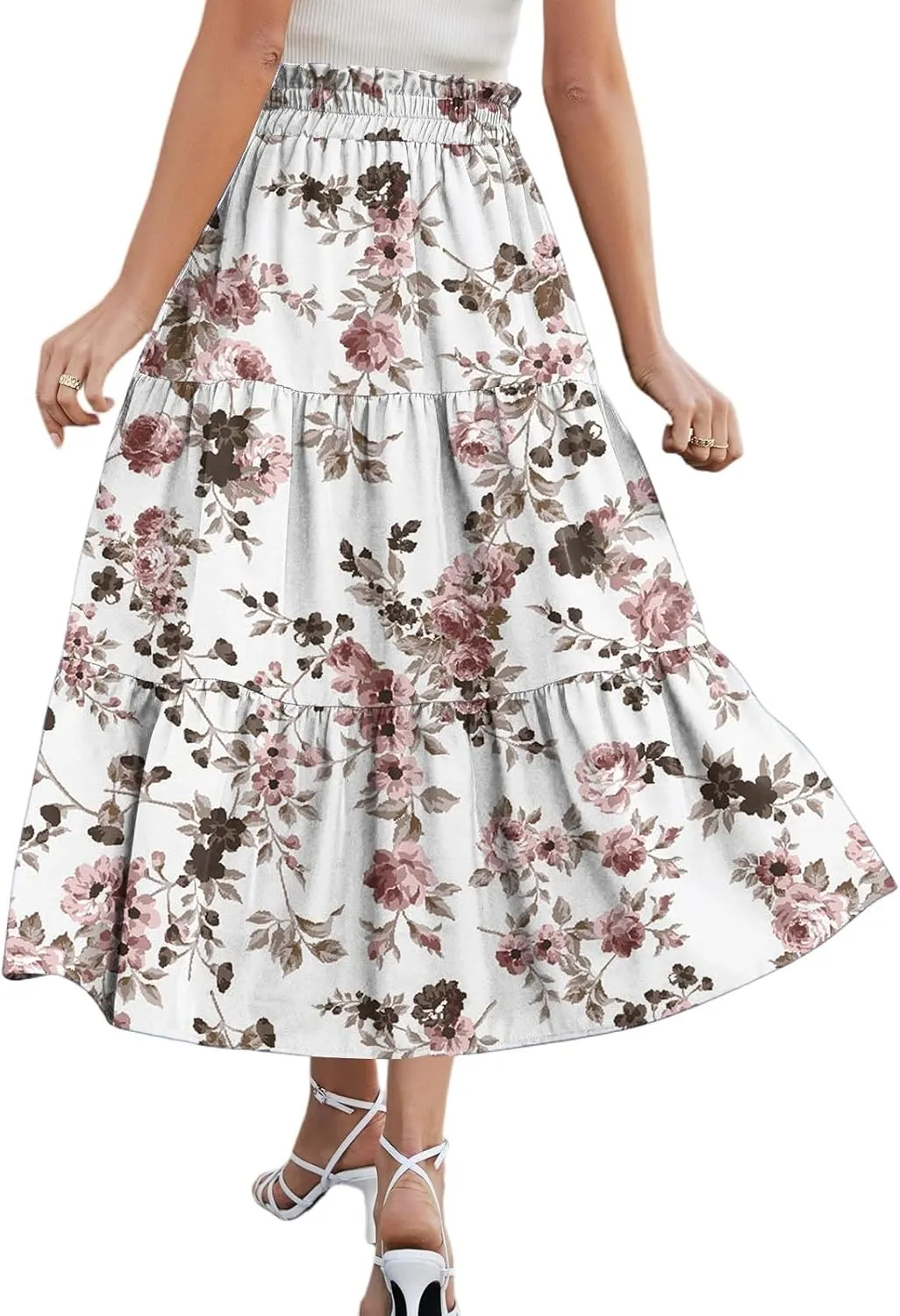 Women's Midi Boho Floral Tiered Skirts Trendy Comfy Flowy Drawstring High Elastic Waist Aline Skirt Skorts with Pockets