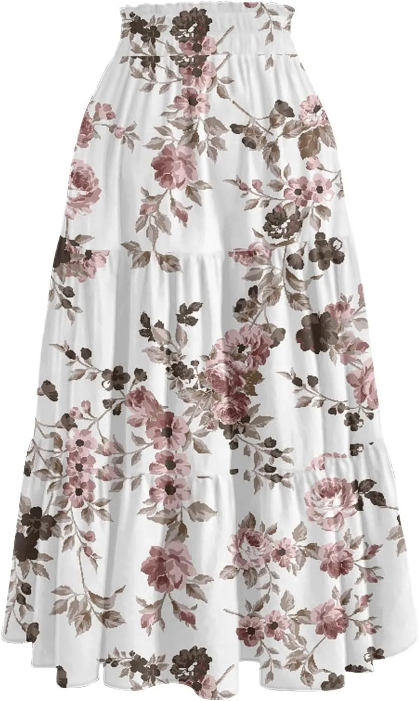 Women's Midi Boho Floral Tiered Skirts Trendy Comfy Flowy Drawstring High Elastic Waist Aline Skirt Skorts with Pockets