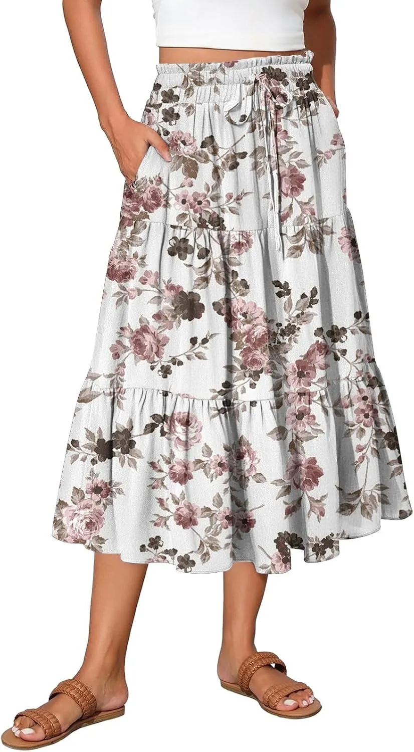 Women's Midi Boho Floral Tiered Skirts Trendy Comfy Flowy Drawstring High Elastic Waist Aline Skirt Skorts with Pockets