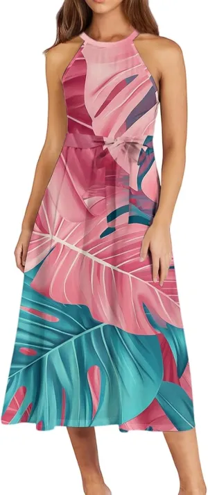 Womens Midi Halter Floral Dresses Casual Summer Tie Empire Waist Sleeveless Frocks Flowy A Line Sundress