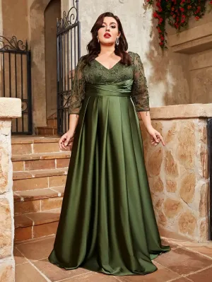 Women's Mosiac Satin Fashion Designer Lace Long Dresses (Plus Size)