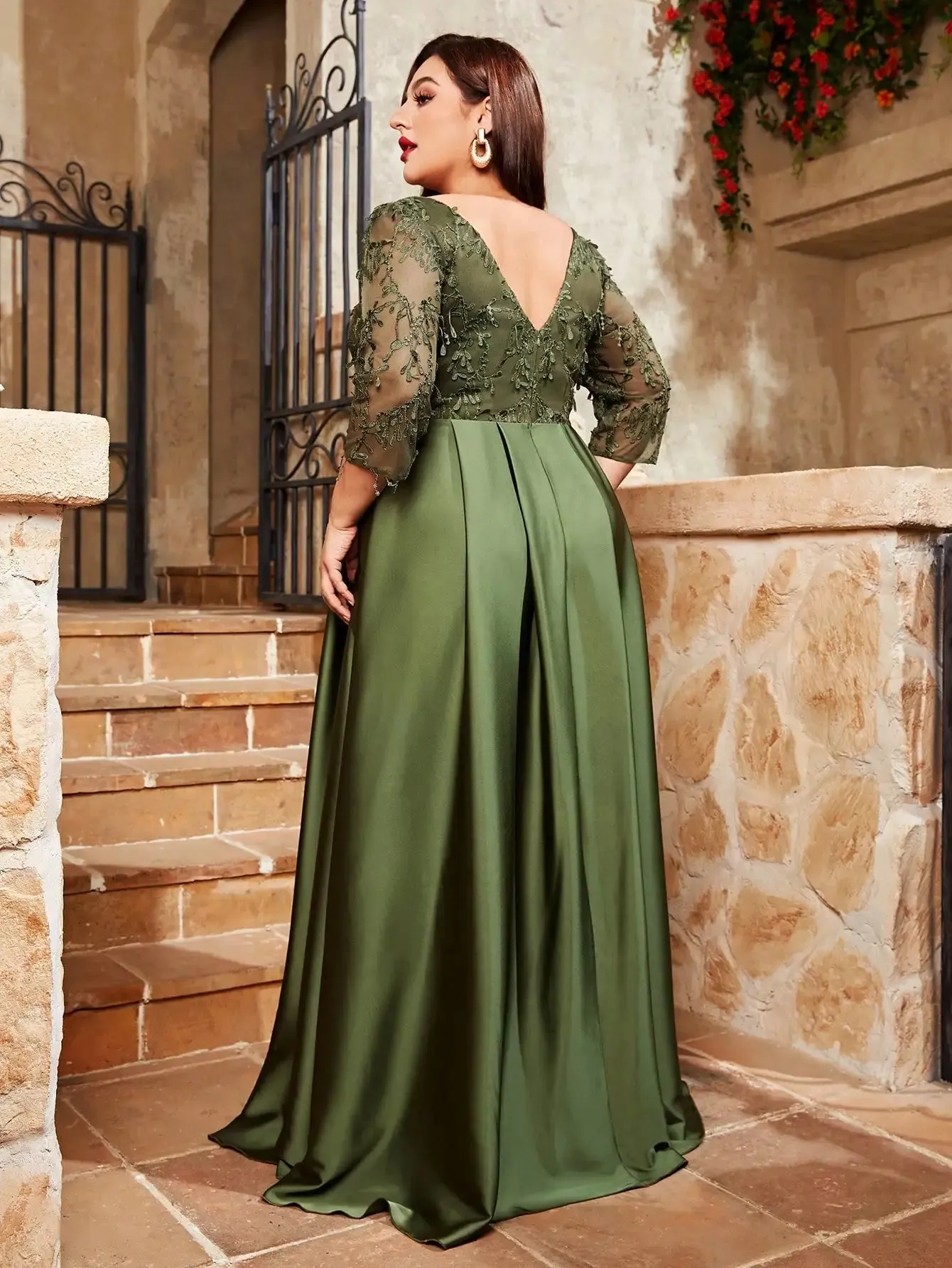Women's Mosiac Satin Fashion Designer Lace Long Dresses (Plus Size)