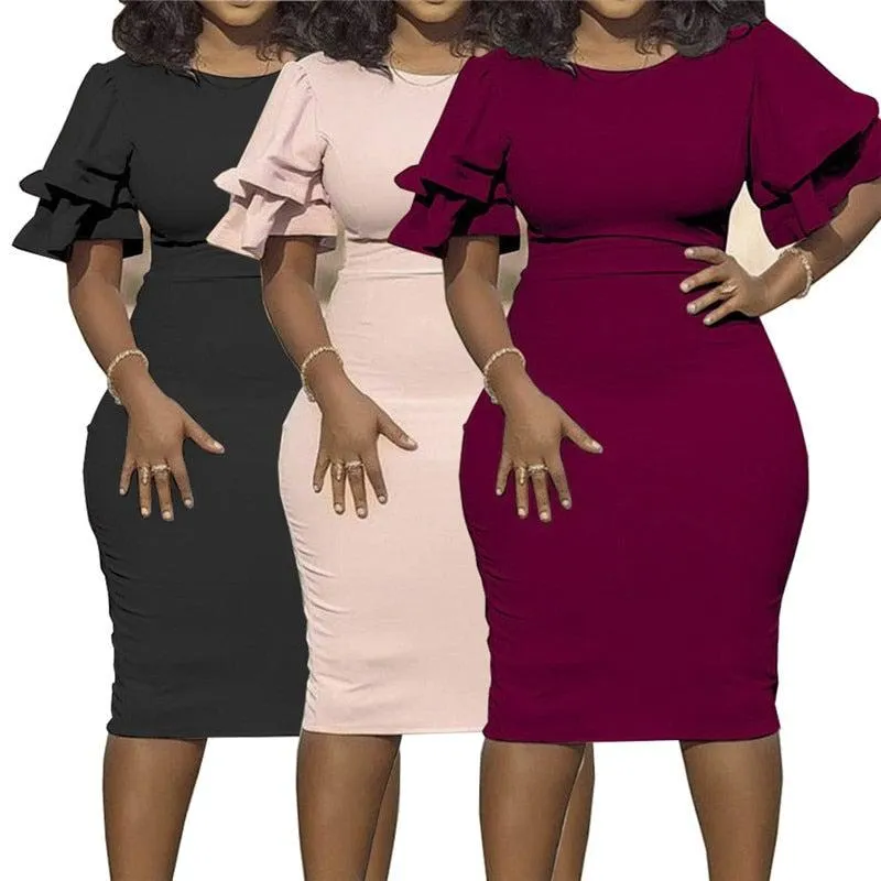 Women's O-Neck 5XL Ruffle Sleeve Fashion Designer Midi Dresses (Plus Size)