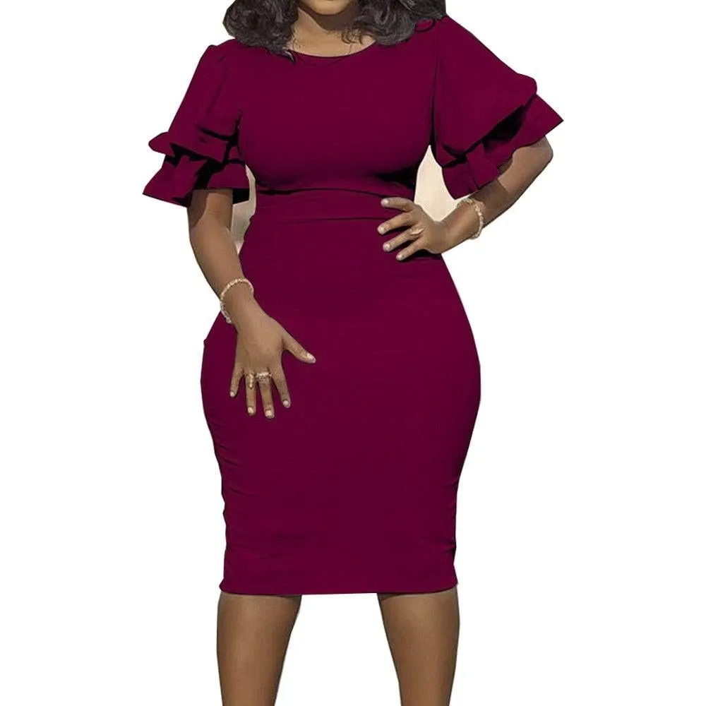 Women's O-Neck 5XL Ruffle Sleeve Fashion Designer Midi Dresses (Plus Size)