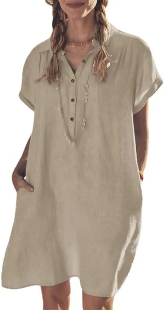 Women's Oversized Tunic Dress, Summer Cotton Linen Baggy T-Shirt Dress Plus Size