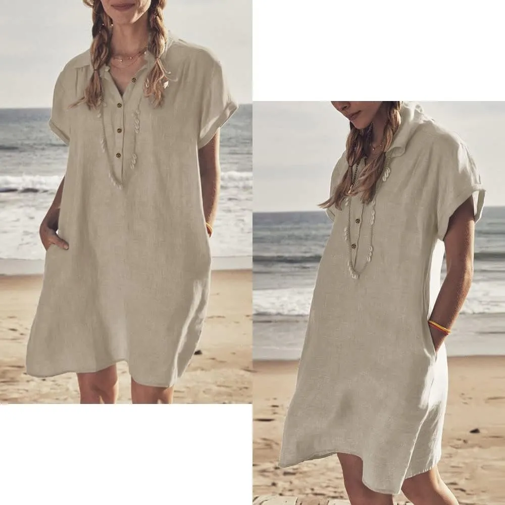 Women's Oversized Tunic Dress, Summer Cotton Linen Baggy T-Shirt Dress Plus Size
