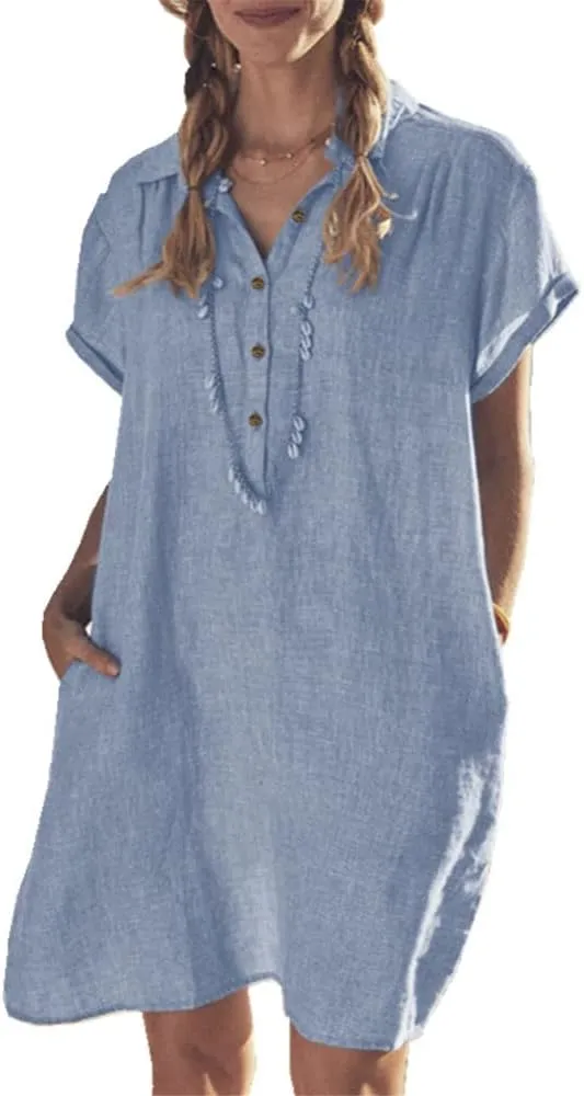 Women's Oversized Tunic Dress, Summer Cotton Linen Baggy T-Shirt Dress Plus Size