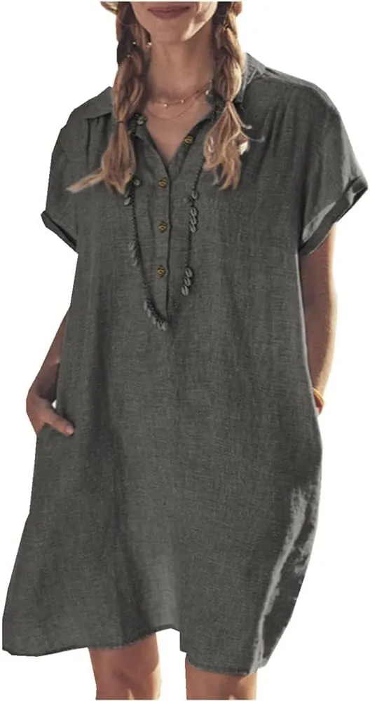Women's Oversized Tunic Dress, Summer Cotton Linen Baggy T-Shirt Dress Plus Size