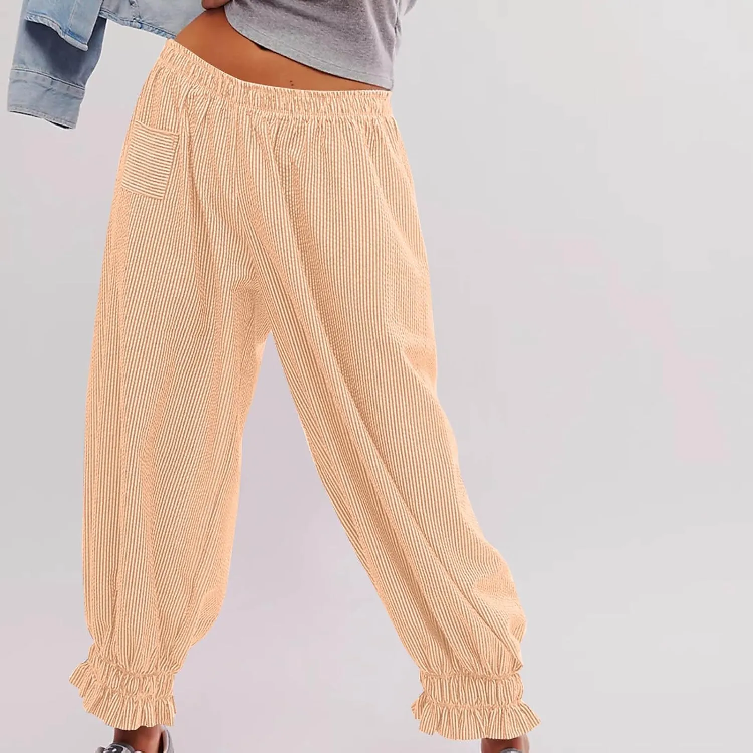 Women's Pajama Pants Loose Elastic Waist Striped Pjs Lounge Cropped Pants Soft Casual Jogger Pants with Pockets