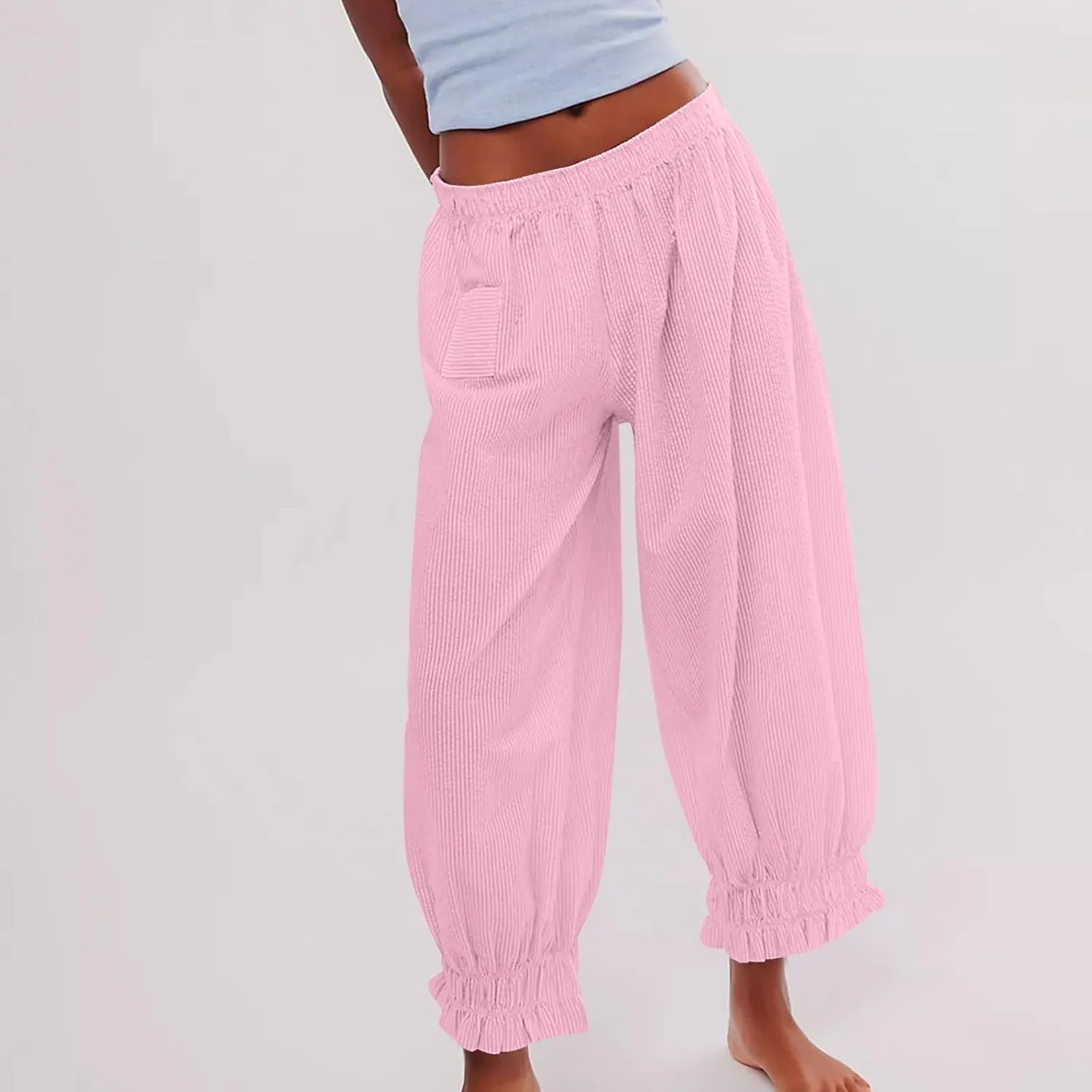 Women's Pajama Pants Loose Elastic Waist Striped Pjs Lounge Cropped Pants Soft Casual Jogger Pants with Pockets