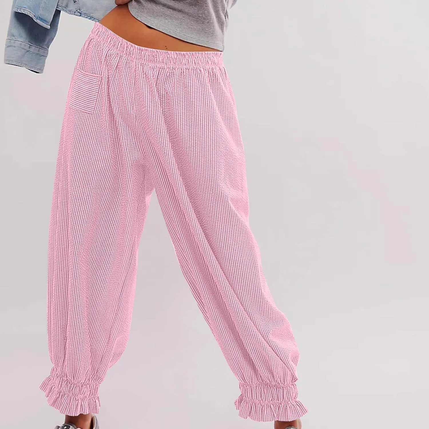 Women's Pajama Pants Loose Elastic Waist Striped Pjs Lounge Cropped Pants Soft Casual Jogger Pants with Pockets