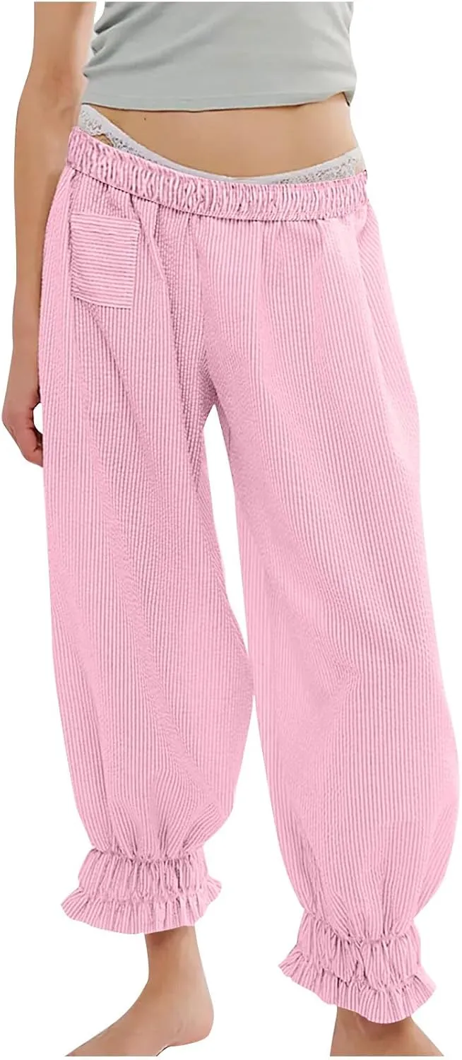 Women's Pajama Pants Loose Elastic Waist Striped Pjs Lounge Cropped Pants Soft Casual Jogger Pants with Pockets