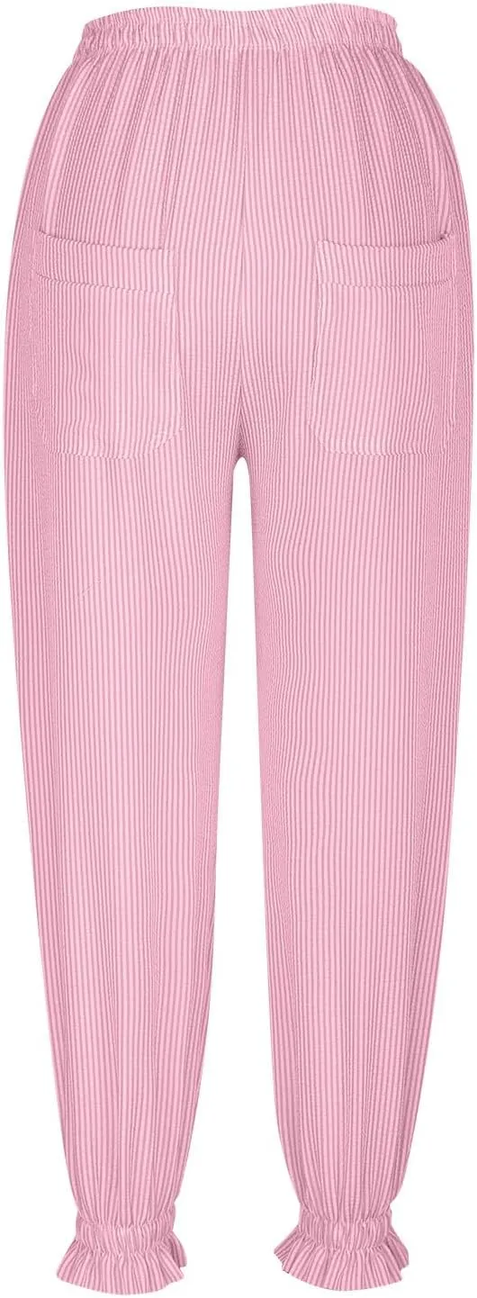 Women's Pajama Pants Loose Elastic Waist Striped Pjs Lounge Cropped Pants Soft Casual Jogger Pants with Pockets