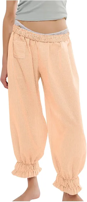 Women's Pajama Pants Loose Elastic Waist Striped Pjs Lounge Cropped Pants Soft Casual Jogger Pants with Pockets