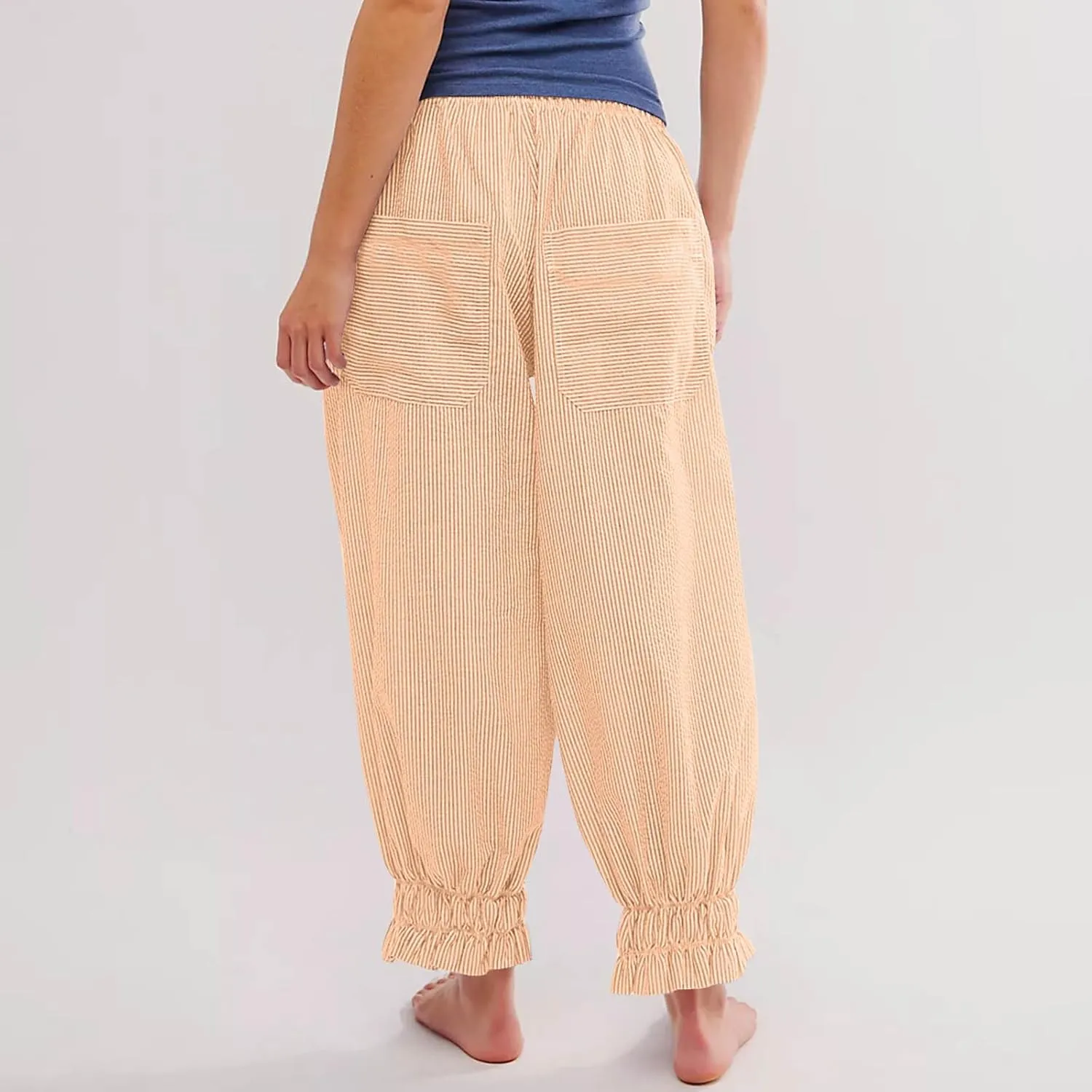 Women's Pajama Pants Loose Elastic Waist Striped Pjs Lounge Cropped Pants Soft Casual Jogger Pants with Pockets