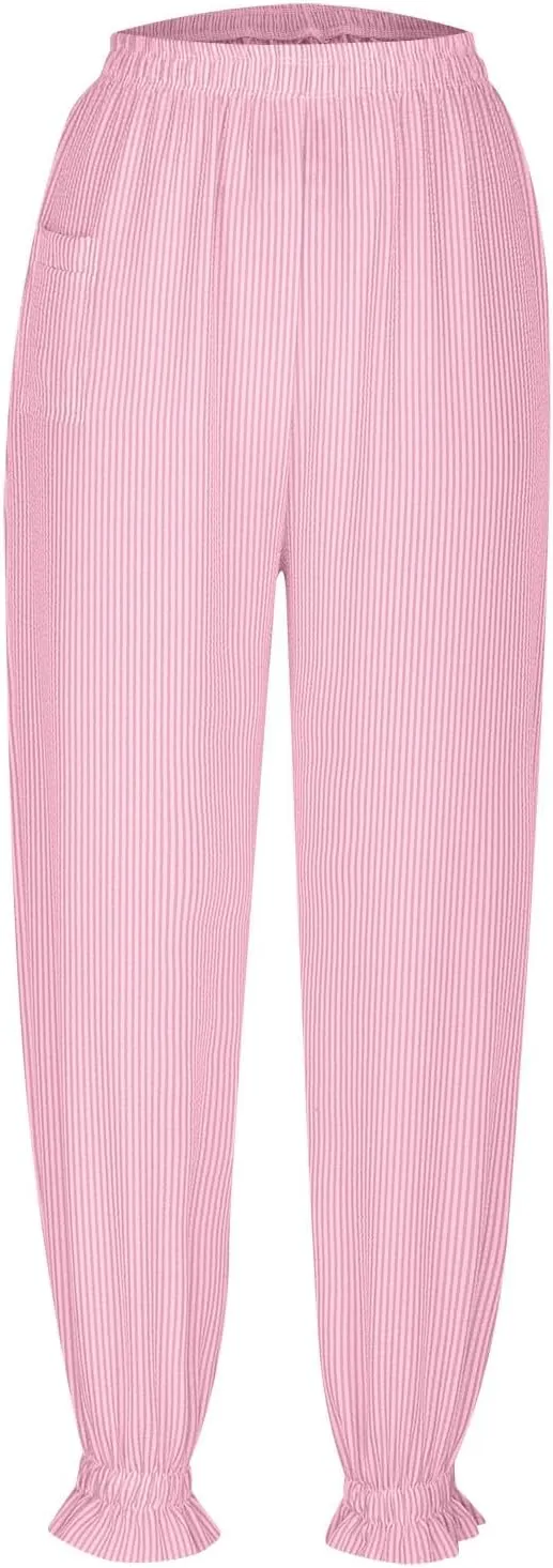 Women's Pajama Pants Loose Elastic Waist Striped Pjs Lounge Cropped Pants Soft Casual Jogger Pants with Pockets
