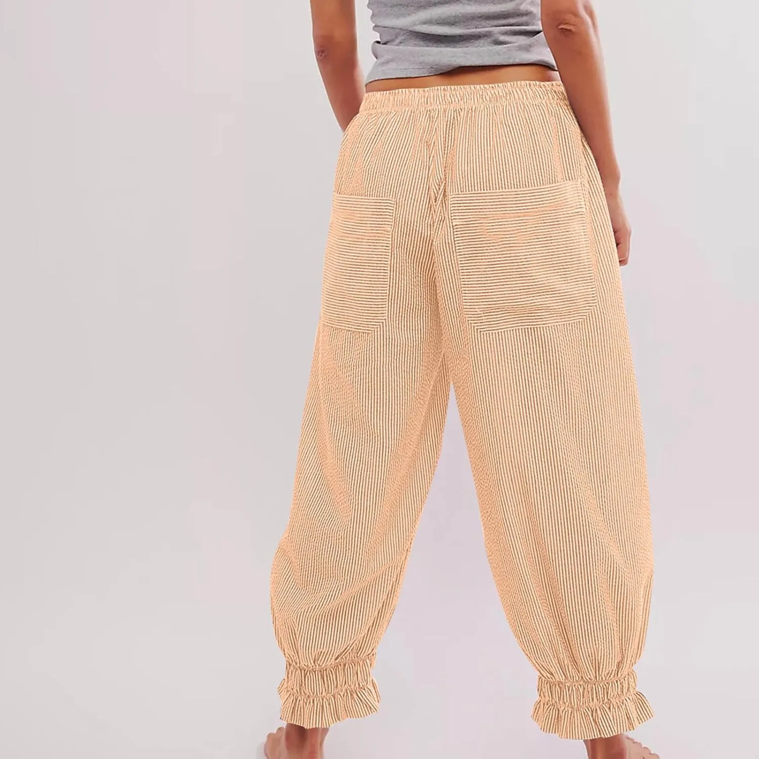 Women's Pajama Pants Loose Elastic Waist Striped Pjs Lounge Cropped Pants Soft Casual Jogger Pants with Pockets