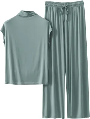 Women's Pajama Set Mock Neck Cap Sleeve Tops and Wide Leg Pants 2 Piece Pajama Summer Casual Comfy Pjs Homewear