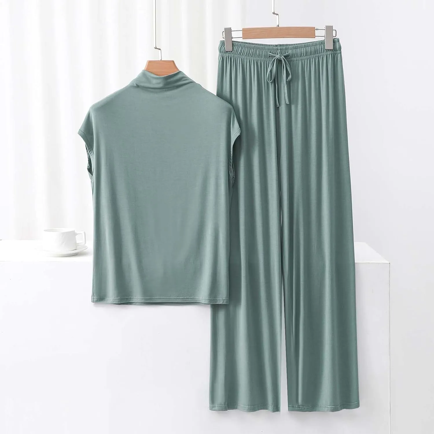 Women's Pajama Set Mock Neck Cap Sleeve Tops and Wide Leg Pants 2 Piece Pajama Summer Casual Comfy Pjs Homewear