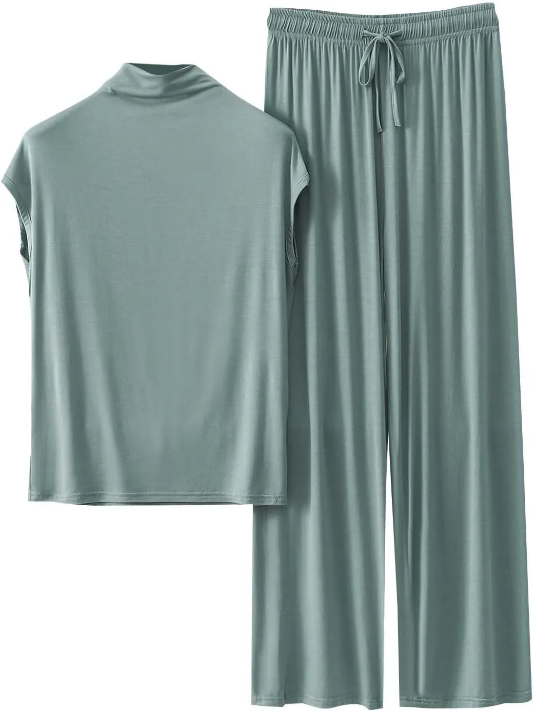 Women's Pajama Set Mock Neck Cap Sleeve Tops and Wide Leg Pants 2 Piece Pajama Summer Casual Comfy Pjs Homewear
