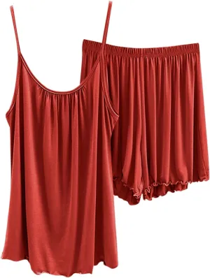 Womens Pajama Sets Soft Lingerie Sleepwear 2 Piece Cami Tank Tops and Shorts Casual Crew Neck Pj Soft Comfy Nightwear