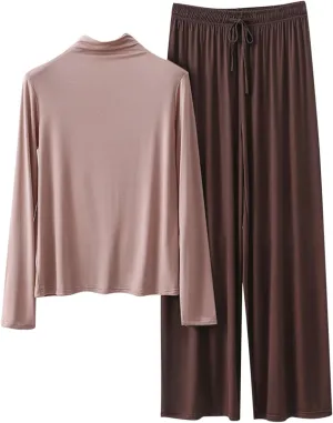 Womens Pajama Sets Soft Long Sleeve Mock Neck Top With Wide Leg Pants Sleepwear Casual Cotton Pajama 2 Piece Sets