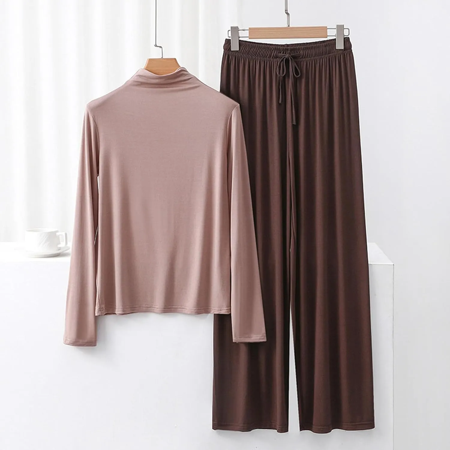Womens Pajama Sets Soft Long Sleeve Mock Neck Top With Wide Leg Pants Sleepwear Casual Cotton Pajama 2 Piece Sets